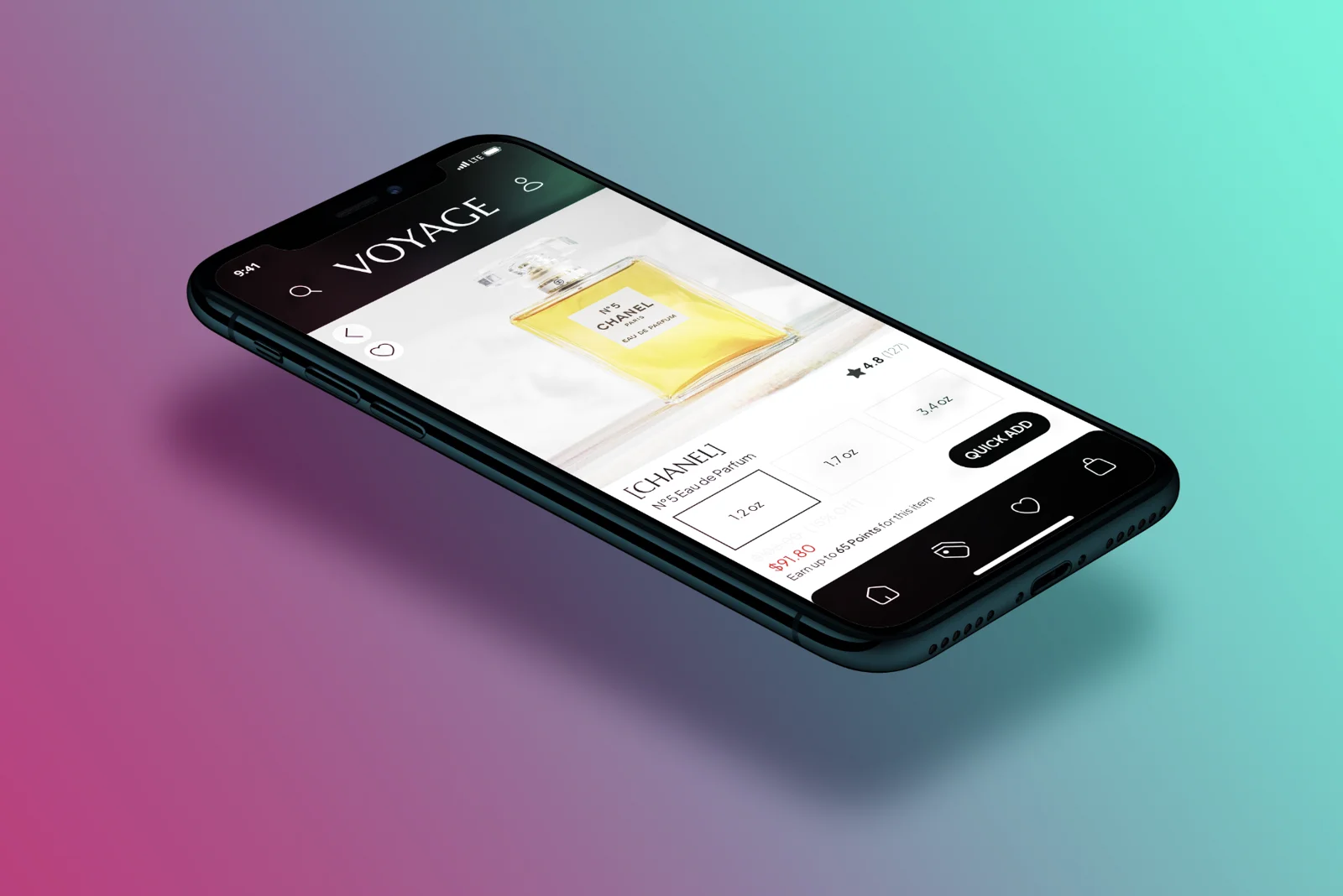 VOYAGE: Disruptive Fragrancy, branding + mobile app mockup, view 7