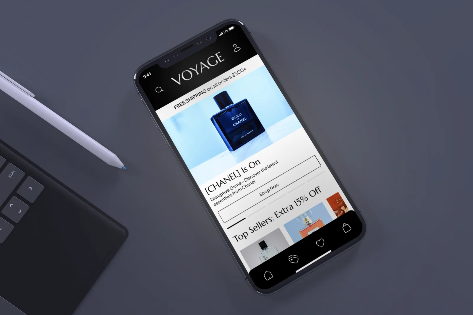 VOYAGE: Disruptive Fragrancy, branding + mobile app mockup, view 8