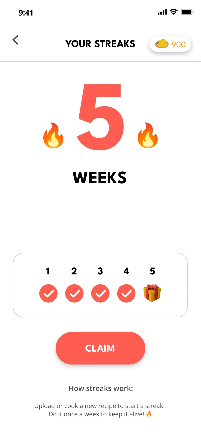 Five-week cooking streak and reward milestone